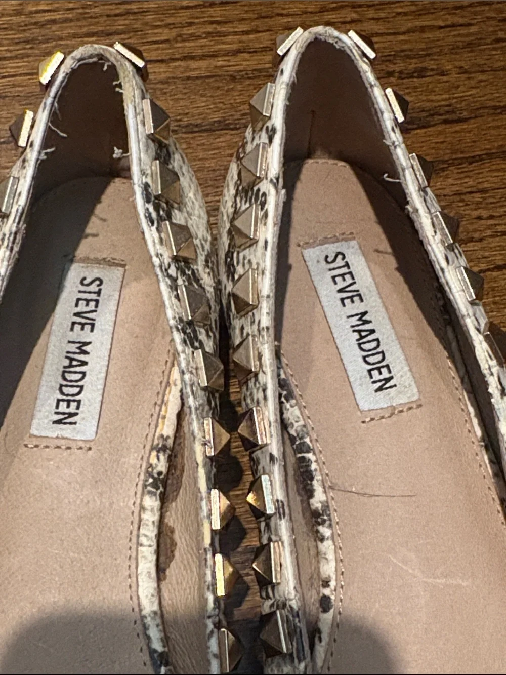 Steve Madden Cream Snake-Print Pointed-Toe Flats with Gold Studs